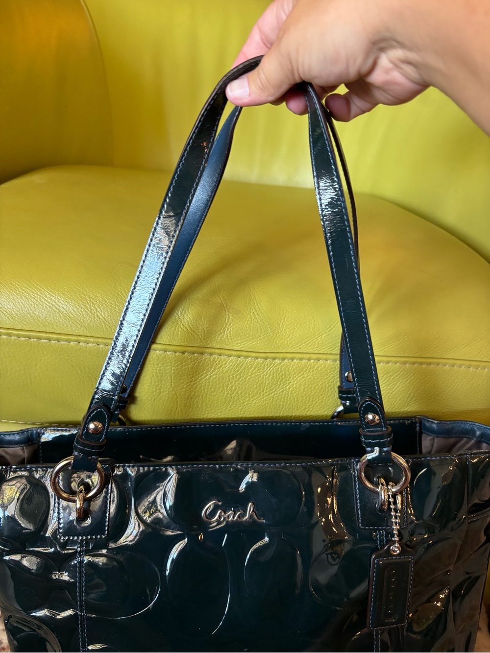 Coach Gallery Signature Embossed Patent Leather East West Tote Teal F07729 - Picture 9 of 11